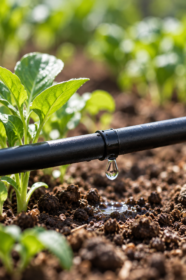 Système d’irrigation goutte-à-goutte en fonctionnement